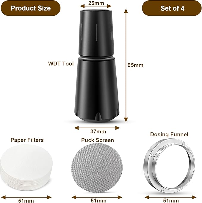 WDT Espresso Distribution Tool, 8x0.35mm Needles Espresso Stirrer with Aluminum Alloy Handle, Stand and 10 Extra Needles, 51mm Espresso Accessories Kit with Dosing Funnel, Puck Screen, Filter Paper