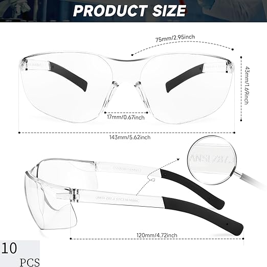 Clear Safety Glasses Bulk of 10 ANSI Z87.1 Protective Eyewear Scratch-Resistant for Work, Lab, Construction
