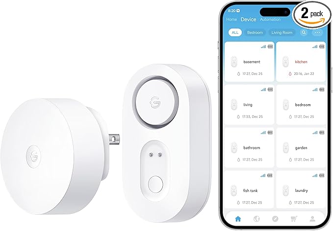 GoveeLife Upgraded Smart Water Leak Detector 1s with 1804ft Ultra-Long Range, WiFi Water Sensor with SMS/Email/APP Push and Sound Alarm,5-Year Battery Life, 1 Pack, Suit for Home, Basement, Kitchen