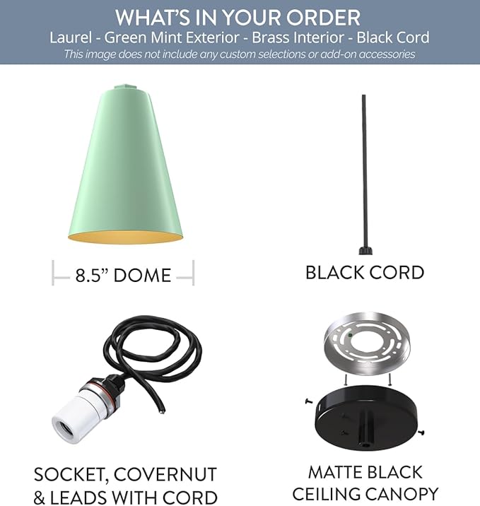 Steel Lighting Co. Laurel Pendant Light | Ceiling Mounted | 8.5 inch Cone Shade | Modern Contemporary Farmhouse Style Made in America | Black Cord | Mint Green Exterior/Brass Interior