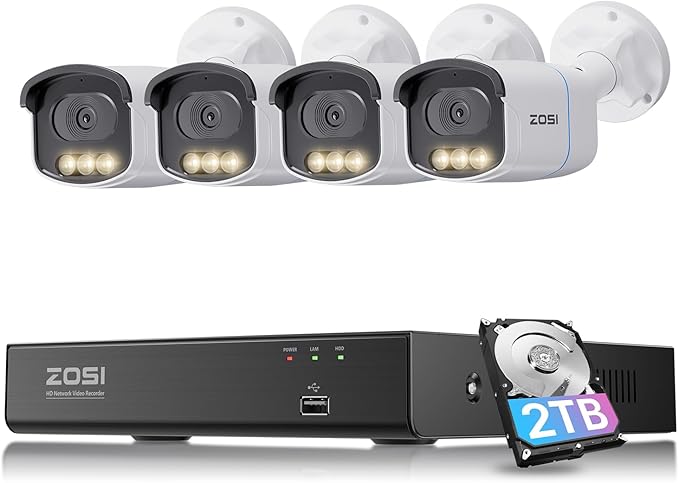 ZOSI 4K 8MP 8CH PoE Security Camera System, 4pcs 3K 5MP C186 Aurora Lux True Full Color Night Vision Outdoor Indoor PoE Wired Cameras, Person/Vehicle Alerts, Light & Siren, Two-Way Talk, with 2TB HDD