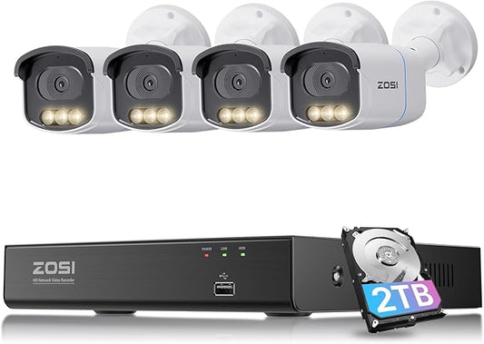 ZOSI 4K 8MP 8CH PoE Security Camera System, 4pcs 3K 5MP C186 Aurora Lux True Full Color Night Vision Outdoor Indoor PoE Wired Cameras, Person/Vehicle Alerts, Light & Siren, Two-Way Talk, with 2TB HDD