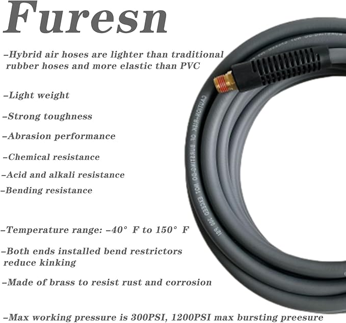 Air Hose 1/4 in x 30 ft, Hybrid Air Compressor Hose Kit with 1/4 in NPT Male Threads, 13 Piece Air Tool & Air Compressor Accessories Kit, Bend Restrictors, 300 PSI (Grey, 30FT-13 Pieces)