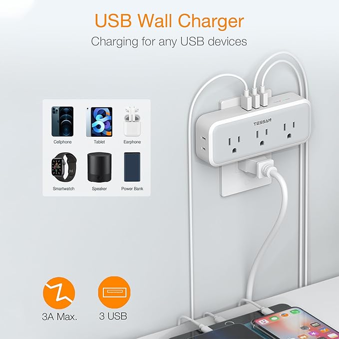 Multi Plug Outlet Splitter, TESSAN Wall Surge Protector 5 Outlet Extender 3 USB Charger Adapter, 3 Way Multiple Power Electrical Plug Expander