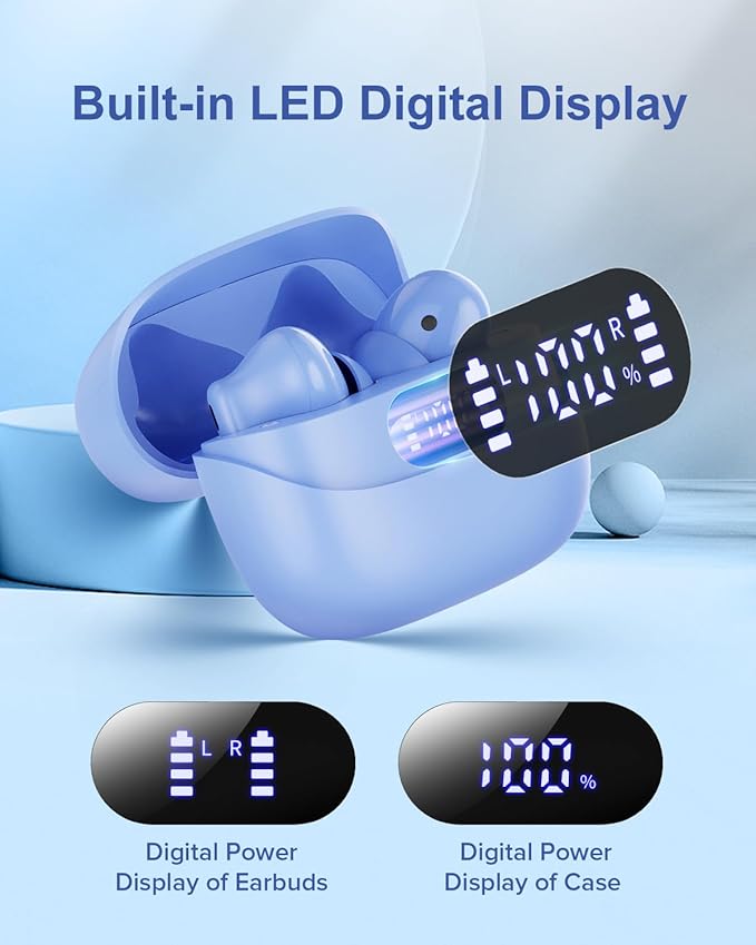 Wireless Earbuds, 42H Playtime Bluetooth 5.3 Headphones, HiFi Stereo Call Noise Cancelling Earbuds, IPX7 Waterproof Stereo in-Ear Earphones with LED Display for iOS Android (Sky Blue)