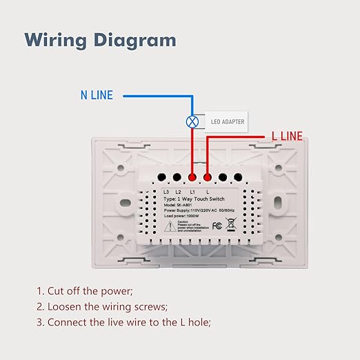Light Switch No Neutral Wire,Single Live Wire Light Switch No WiFi,Tempered Glass Panel,Total Power Maximum 1000W,FCC Certification,White 1 Gang