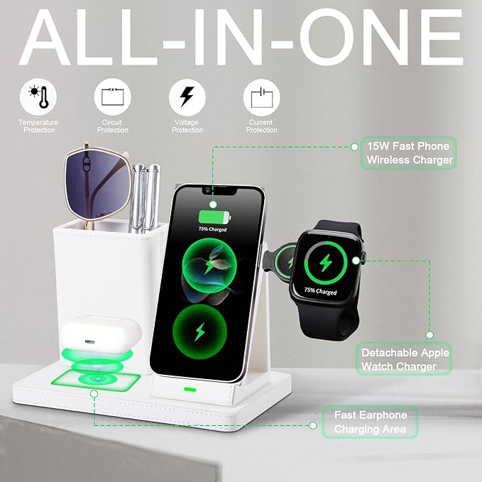 White Leather Pen Holder Desk Organizer with 3-in-1 Wireless Charger for Phone, Earbuds, Watch - Desktop Phone Stand,birthday gifts for women,mom gifts (white)