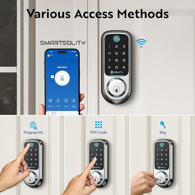 Solity No-Hub Smart Digital Door Lock, Designed in Korea, Keyless Entry, Wi-Fi, Remote Control, Touchscreen Keypad, Auto Lock, IP54 Waterproof GT10BK Biometric (GT10BK_SN)