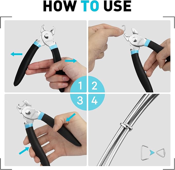 SHALL Hog Ring Pliers Kit with 600pcs Galvanized Hog Rings (3/8’’, 1/2’’, 3/4’’) for Upholstery, Fence, Animal Pet Cages, Bungee Cords, Bagging, Protective Gloves, Storage Case & Bag Included