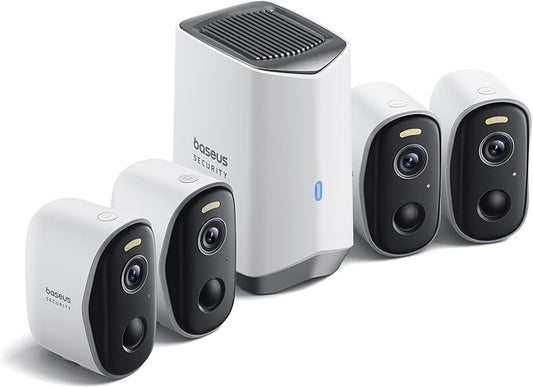 Baseus Wireless Cameras for Home Security, N1 4-Cam Kit with 2K Clarity, No Monthly Fee, 16TB Expandable Local Storage, 210-Day Battery Life, Spotlight & Alarm, Works with Alexa and Google Home