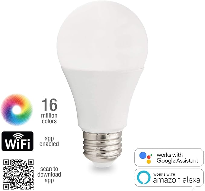 Maxxima Smart WiFi Light Bulb, LED Color Changing A19 Luvoni Bulb, Compatible with Alexa and Google Home Assistant, 800 Lumens, Bluetooth/WiFi Enabled, Controlled via App, 4-Pack