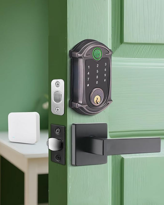 Keyless-Entry Deadbolt Smart Lock with Handle Set Waterproof IP56 Digital Exterior Locks for Front Door, WiFi Smartphone Control Fingerprint Door Lock with Keypad and Key Fob,Venetian Bronze