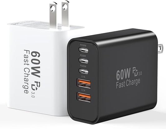 USB C Fast Charger Block, 60W 5-Port USB C Wall Charging Blocks, Type C Charger Fast Charging Brick, 3USB C+2USB A PD&QC3.0 Multiport Charger Plug for iPhone 16/15/14/13 Pro Max, iPad, White+Black