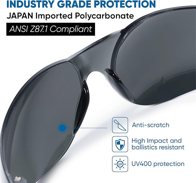 amoolo Tinted Safety Glasses Bulk of 24, Protective Safety Sunglasses, Dark Smoke Lenses for UV Protection, ANSI Z87.1 Impact Resistant Eye Protection for Work, Lab, Construction