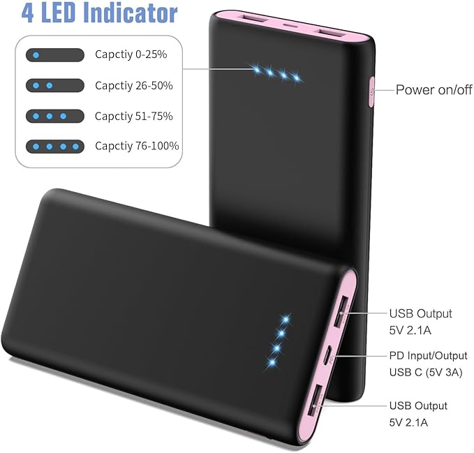 Portable Charger Power Bank 25,800mAh,5V/3A USB C in&Out Fast Phone Charging with Intelligent Smart IC,3 USB Port External Cell Phone Battery Pack Compatible with iPhone 16 15 14,Samsung,Android-Pink