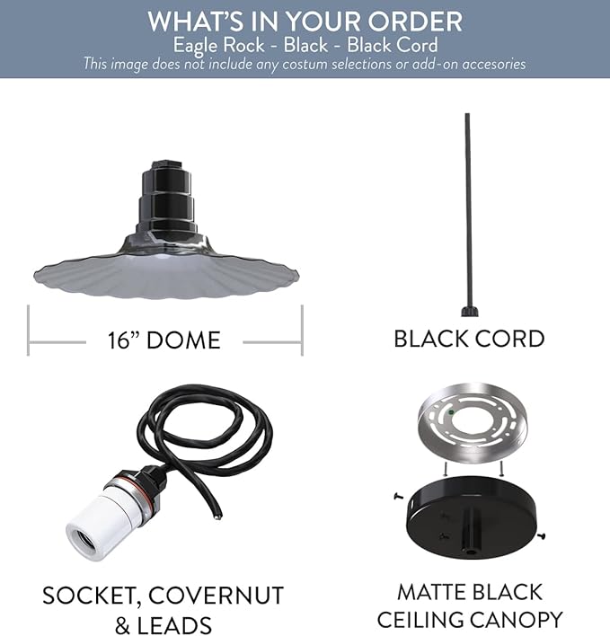 Steel Lighting Co. Eagle Rock Pendant | Ceiling Mounted Light | 16 inch Radial Wave | Black Cord | Heavy Duty Steel Retro Farmhouse Style Made in America | Black Exterior/White Interior