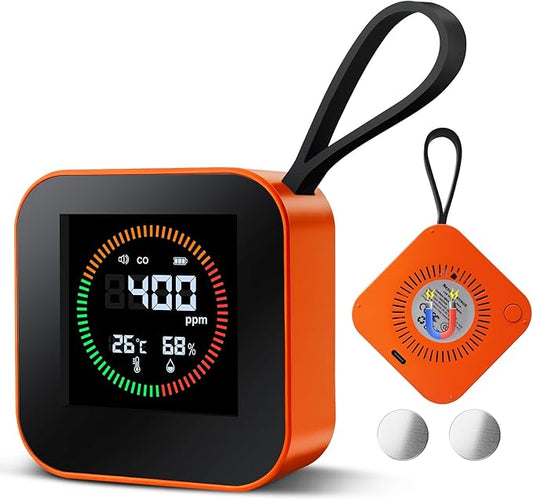 3-in-1 Portable Carbon Monoxide Detector | UL-Compliant CO Detector, Temp, Humidity Monitor for Travel, Camping, RV | USB-C Rechargeable (1, Orange)