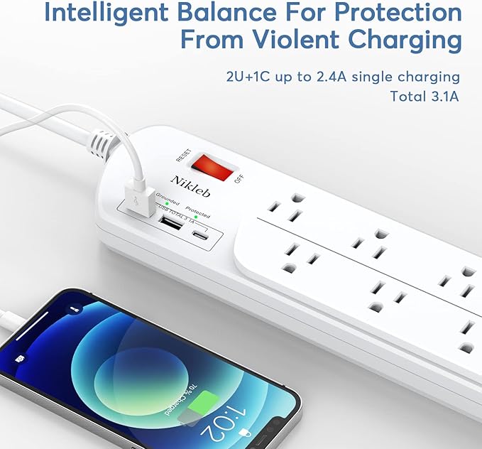 Long Power Strip, Multi Plug Outlet Extender Nikleb with 10 Outlets, Heavy Duty Extension Cord with 2 USB+1 Type C Ports, USB Plug Adapter Surge Protector for House, Garage, Patio, Basement