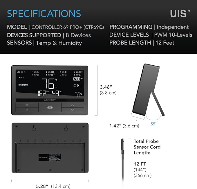 AC Infinity Controller 69 PRO+, Smart Environmental Controller 8-Port with Temp, Humidity, VPD, Timer, Cycle, Schedule Controls, for Grow Tent Cooling Ventilation Lighting (Bluetooth + WiFi, 8-Port)