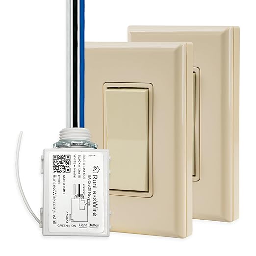 RunLessWire 3-Way Battery-Free DIY Wireless Light Switch Kit 150ft RF Range Self-Powered by Kinetic Energy for Hallways & Stairways: 2 Remote Switches Control 1 5A On/Off Receiver – Light Almond