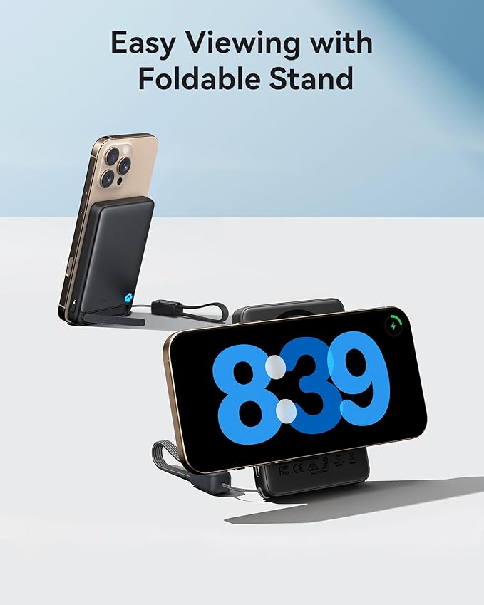 INIU Magnetic Portable Charger, Ultra Slim Qi2 Certified 10000mAh 45W Fast Charging Power Bank, Wireless Battery Pack with Foldable Stand, Phone Charger Only for iPhone 16/15/14/13/12 Series, Blue