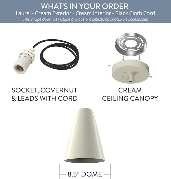 Steel Lighting Co. Laurel Pendant Light | Ceiling Mounted | 8.5 inch Cone Shade | Modern Contemporary Farmhouse Style Made in America | Black Cloth Cord | Cream Exterior/Cream Interior