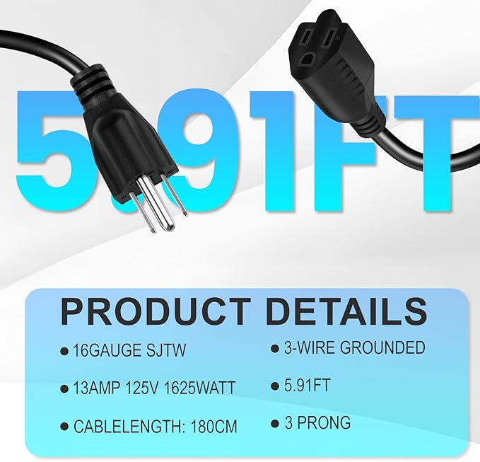Short Power Extension Cord,16AWG/13A,Outlet Saver, 3 Prong Male Plug to Female Socket Heavy Duty Power Extension Cable (6FT/1.8M)