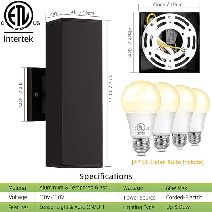 KIZON Outdoor Wall Lights with Dusk to Dawn Sensor 2 Pack, Modern Outdoor Sconce Lights with Oil Rubbed Bronze Finish, Aluminum Exterior Lighting Fixtures for House Porch, ETL Listed