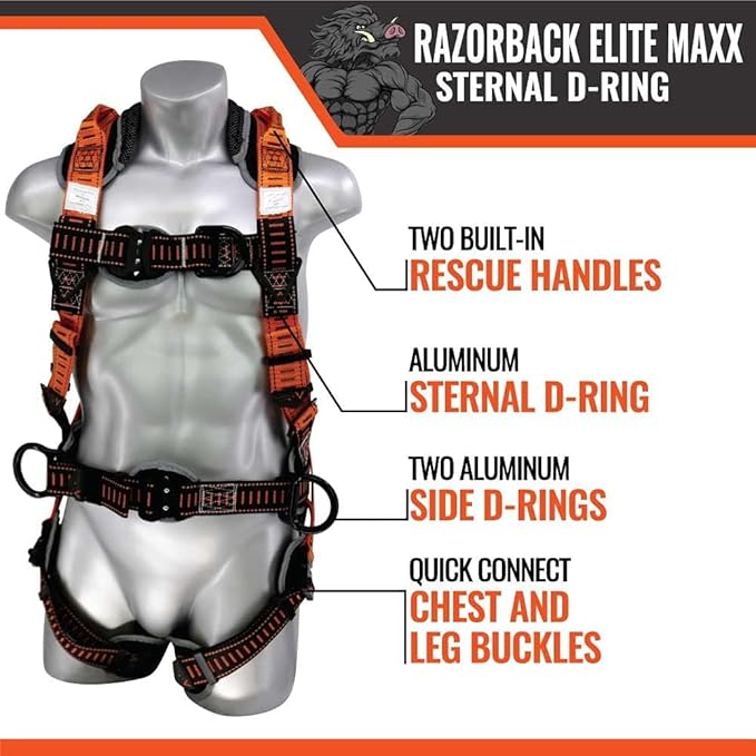 Malta Dynamics Razorback Elite MAXX - Safety Harness and Fall Protection Kit with Belt, Rescue Handles, OSHA & ANSI Compliant