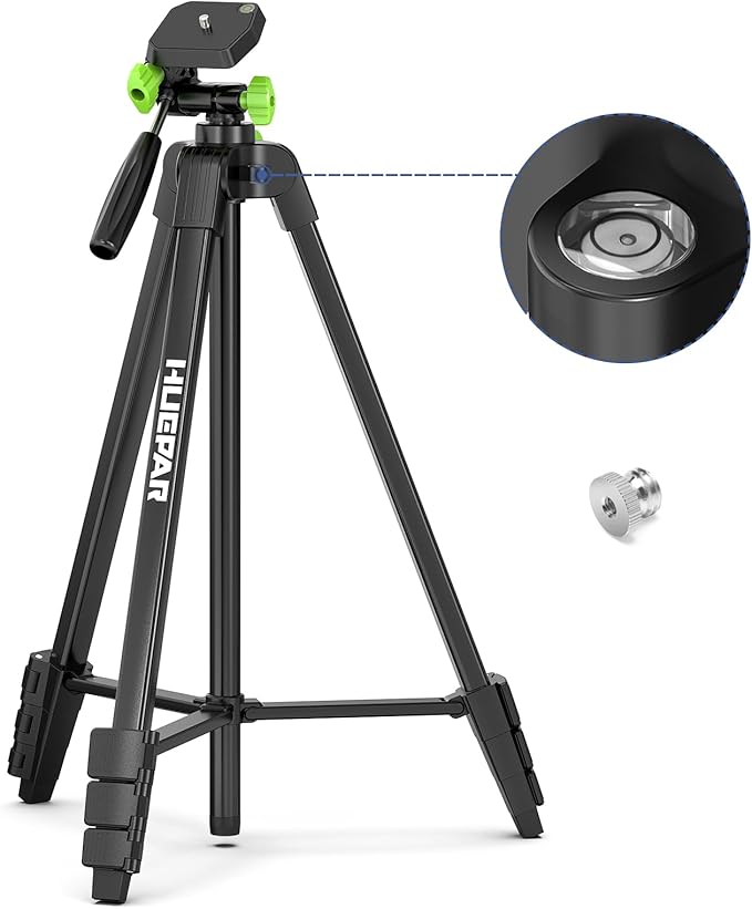 Huepar 60-Inch Lightweight Tripod Portable Adjustable Tripod for Laser Level with 3-Way Swivel Pan Head, 2 Bubble Levels, 1/4" and 5/8" Thread Mount for Varieties Tools, Only for Indoor Basic Work