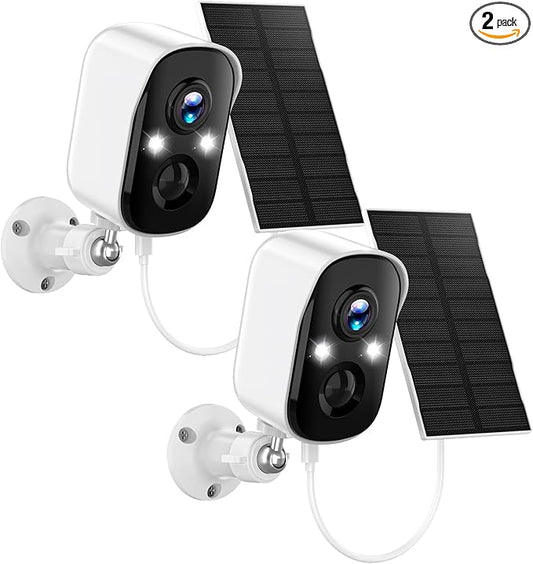 Solar Security Cameras Wireless Outdoor,2K Solar Camera Wireless for Home, 2.4GHz WiFi,Color Night Vision,Two-Way Talk,IP66 Waterproof,Two Spotlights,Cloud/SD(2 Packs,White)