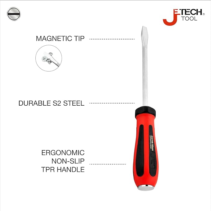 Jetech Striking Cap Go-Through Slotted Screwdriver, S2 Steel Flathead with Magnetic Tip, Ergonomic Soft Grip TPR Handle, 8x150mm