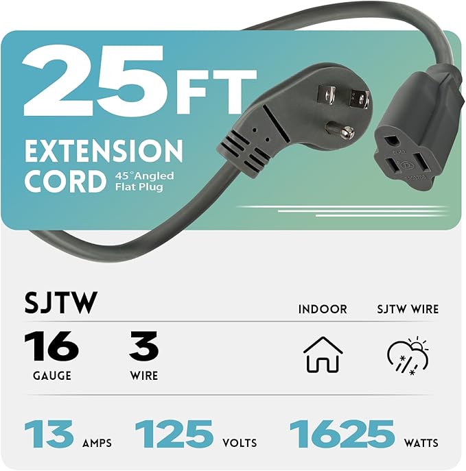 EP 25 Ft Flat Plug Extension Cord, 16 AWG 3 Prong Grounded Grey Low Profile Extension Cable for Indoor