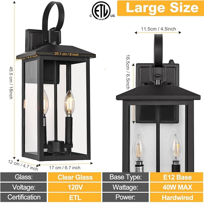 Large Outdoor Light Fixtures Black, Dusk to Dawn Outdoor Lighting, 2-Light Exterior Wall Fixture with E12 Socket, ETL Listed 18" Exterior Light Lanterns for House, Garage, Patio, Porch, Door