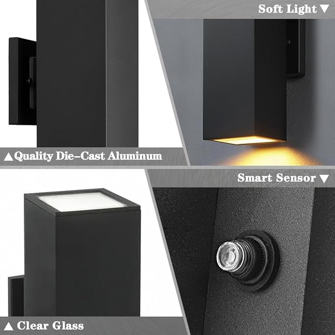 SHIMR Modern Outdoor Wall Lights Dusk to Dawn, Square Matte Black Outdoor Sconce with Bulbs Include Aluminum Anti-Rust Exterior Lighting Fixtures Up and Down Lights for House Porch Garage [ETL Listed]
