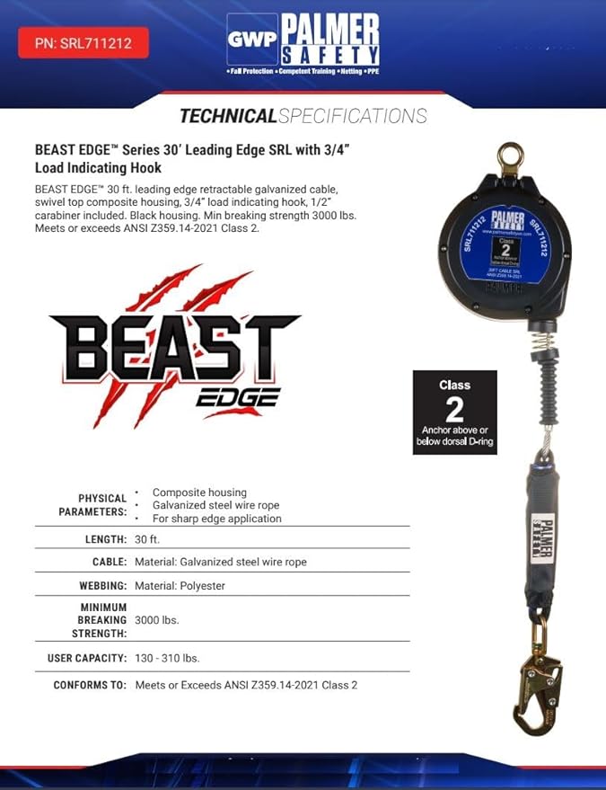 Palmer Safety SRL 30 FT. Leading Edge Self Retracting Lifeline I ANSI Z359.14-2021 Class 2 I SRL Device Swivel Top Galvanized Cable w/Small Steel Snap Hook I Fall Arrest Safety Yoyo