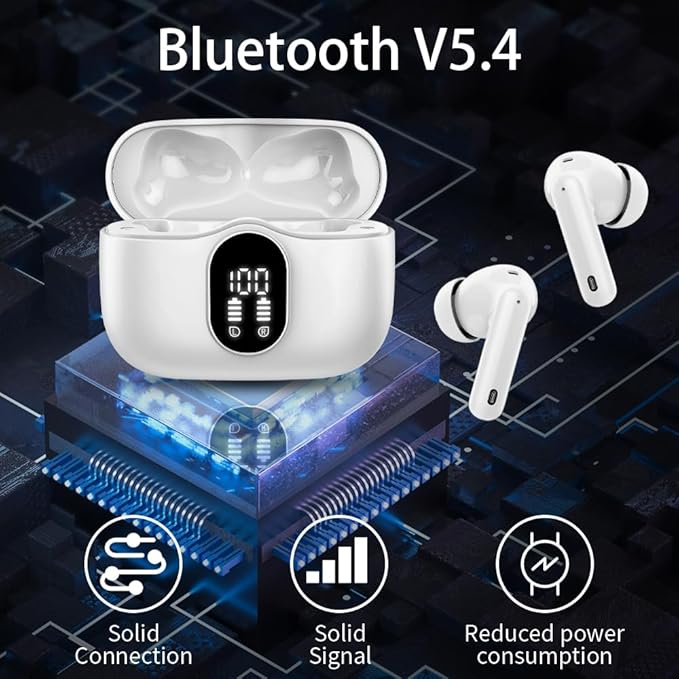 Wireless Earbuds Bluetooth 5.4 Headphones Bass Stereo Ear Buds with Noise Cancelling Mic LED Display in Ear Earphones IP7 Waterproof 36H Playtime for Laptop Pad Phones Sports Workout White