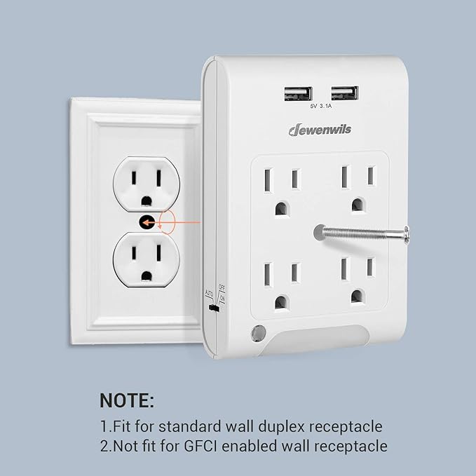DEWENWILS Multi Plug Outlet 2 Pack, 4-Outlet Extender with 2 USB Ports, Light Sensor Night Light, 1080 Joules Surge Protector, ETL Listed