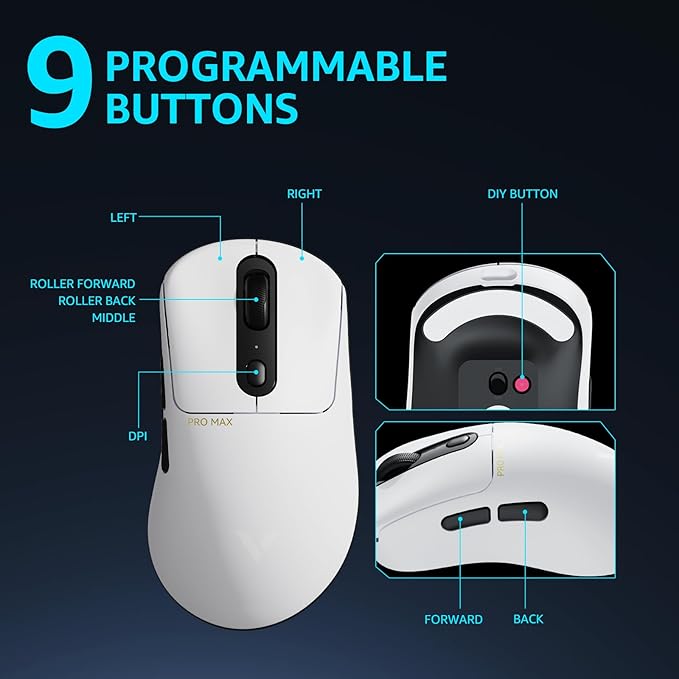 Rapoo VT3PRO MAX Wireless Gaming Mouse, 59g Superlight, 8KHz Polling, PAW 3950 Ultimate Optical Sensor, 30K Independent X/Y DPI, 1+8 Programmable Buttons, 200H Battery Life, Classic Shape, PC, White