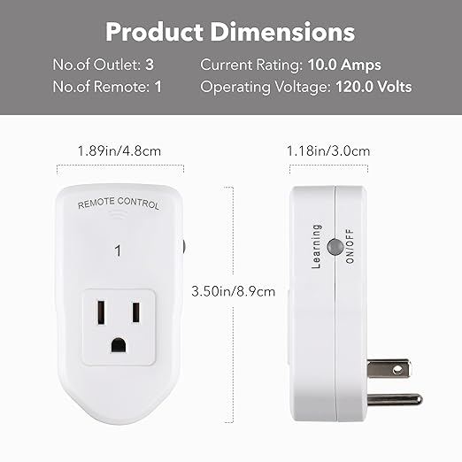 BN-LINK Wireless Remote Control Electrical Outlet Switch for Lights, Fans, Christmas Lights, Small Appliance, Long Range White (Learning Code, 3Rx-1Tx) 1200W/10A