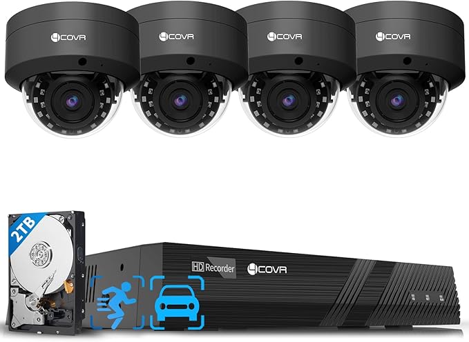 4COVR 4K PoE Security Camera System, AI Human Vehicle Detection, 4Pcs 8MP IK10 Vandal-Proof Dome IP Camera with Mic, 8CH 8MP H.265 NVR with 2TB HDD, IP67 Home Weatherproof Outdoor, LY54AB8M0804