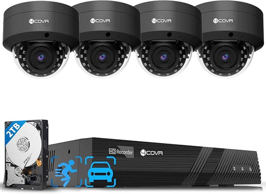 4COVR 4K PoE Security Camera System, AI Human Vehicle Detection, 4Pcs 8MP IK10 Vandal-Proof Dome IP Camera with Mic, 8CH 8MP H.265 NVR with 2TB HDD, IP67 Home Weatherproof Outdoor, LY54AB8M0804