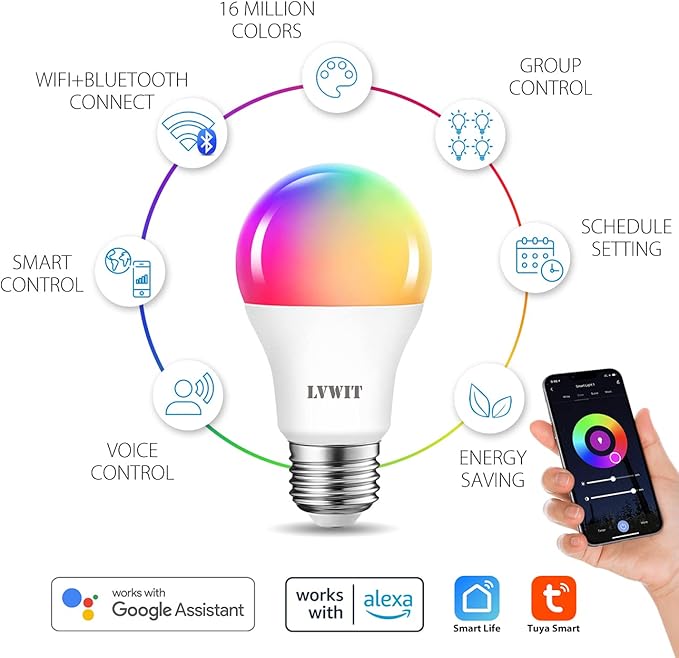 LVWIT Smart Light Bulb 2 Pack, A19 Smart LED, Work with Alexa, Smart Life App, Tuya App, 8.5W (60W Replacement), 2700K-6500K, E26 RGB Color Changing Bulb, No Hub Required