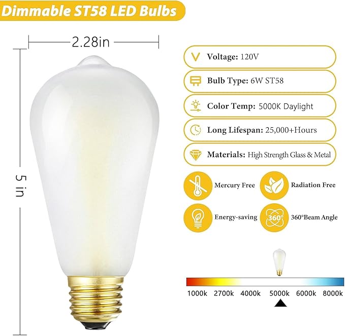 Dimmable Frosted Edison Bulbs,E26, 6W Equivalent 60W,600LM, Daylight White 5000K, AC120V,ST58 Antique LED Filament Bulbs with 90+ CRI, Frosted Glass, Pack of 6 (6W=60W Daylight)
