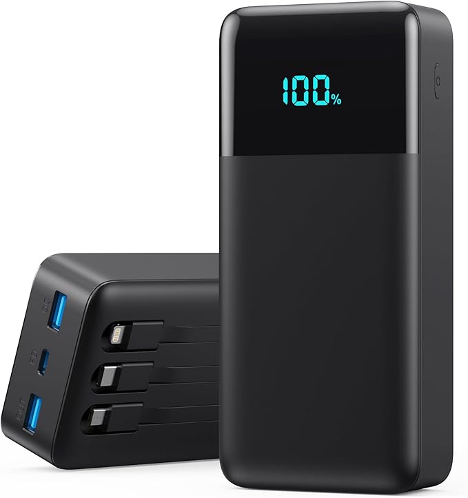 Portable Charger 50800mAh Power Bank with 3 Built-in Cable,25W PD USB C in&Out Power Bank Fast Phone Charging,QC4.0 LED Display Portable Battery Pack Compatible with iPhone 16/15, Galaxy Android-Black