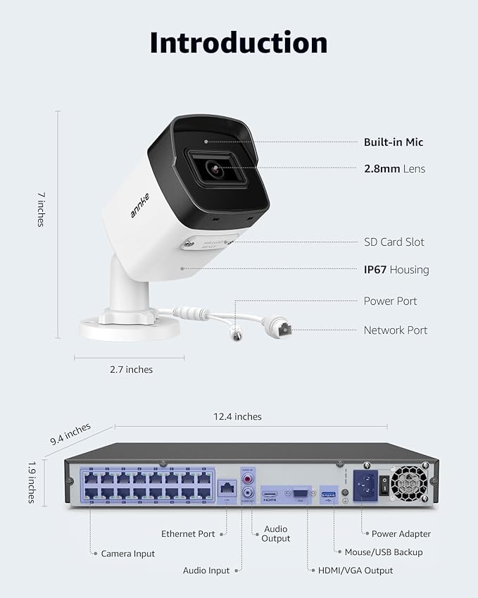 ANNKE 5MP Security Camera System, 16CH NVR Recorder with AI Motion Detection, 8X 3K IP PoE Wired Cams with Built-in Mic, IP67, 2.8mm Lens, Compatible with Alexa for Home Business Surveillance, 2TB HDD