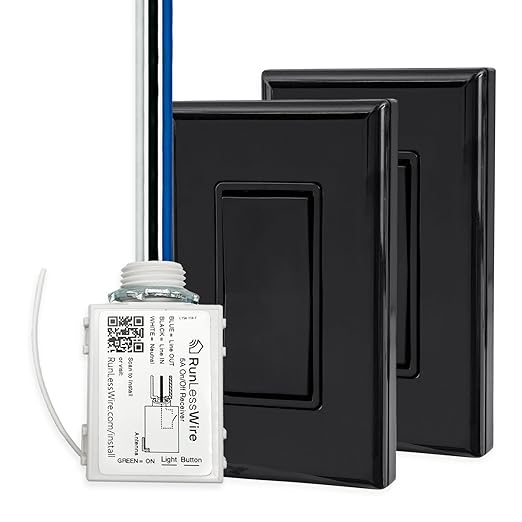 RunLessWire 3-Way Battery-Free DIY Wireless Light Switch Kit 150ft RF Range Self-Powered by Kinetic Energy for Hallways & Stairways: 2 Remote Switches Control 1 5A On/Off Receiver – Black