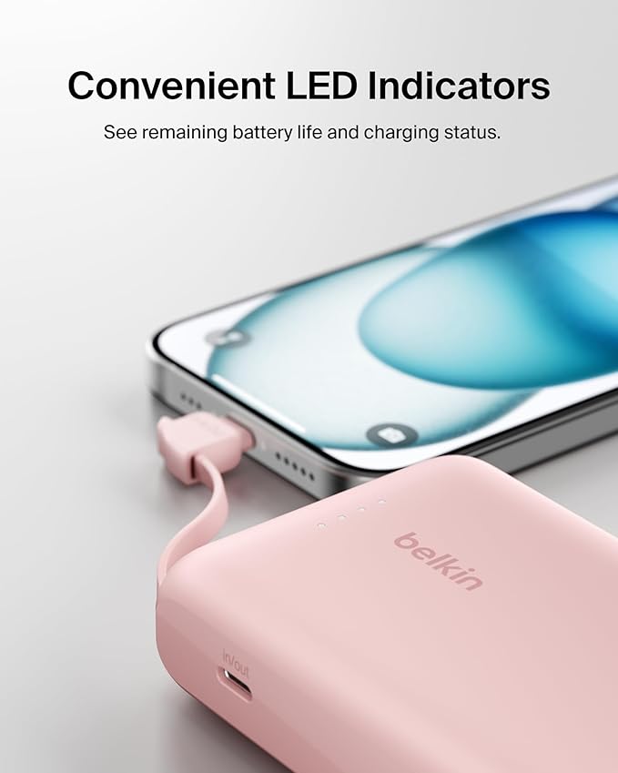 Belkin Portable Charger, Power Bank with Integrated Cable 10000 mAh 20W - Fast Charge USB C Power Delivery, iPhone Charger - iPhone 16 Series, iPad Pro, Galaxy S25, & More - Pink
