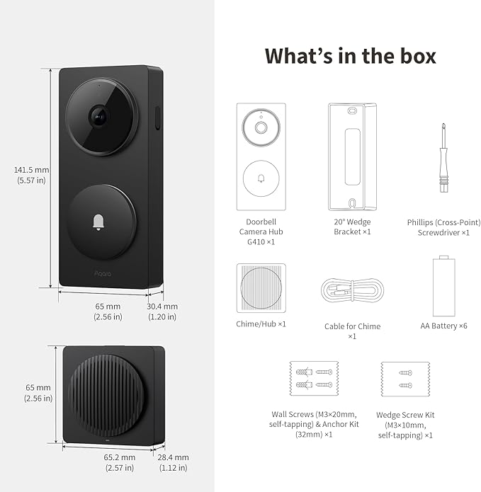 Aqara Smart Doorbell Camera G410 with Chime, 2K, HomeKit Secure Video, 2-Way Audio, Built-in Matter Hub, Wireless/Wired, Supports Apple Home, Alexa, Google, Home Assistant, 2.4G/5GHz Wi-Fi, Black