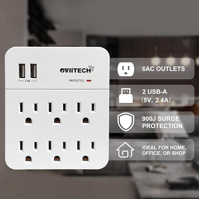 6 Outlet Extender Surge Protector Wall Mount Adapter with Dual 2.4A USB Charging Ports,Oviitech Multi Plug Outlets,6 AC Socket Outlet Splitter,900 Joules Surge Suppression,White, ETL Certified（2 Pack）